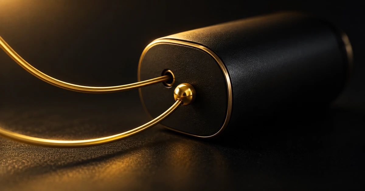 A fine gold wire enters a sealed dark housing and returns with a solid gold bead fused to its tip