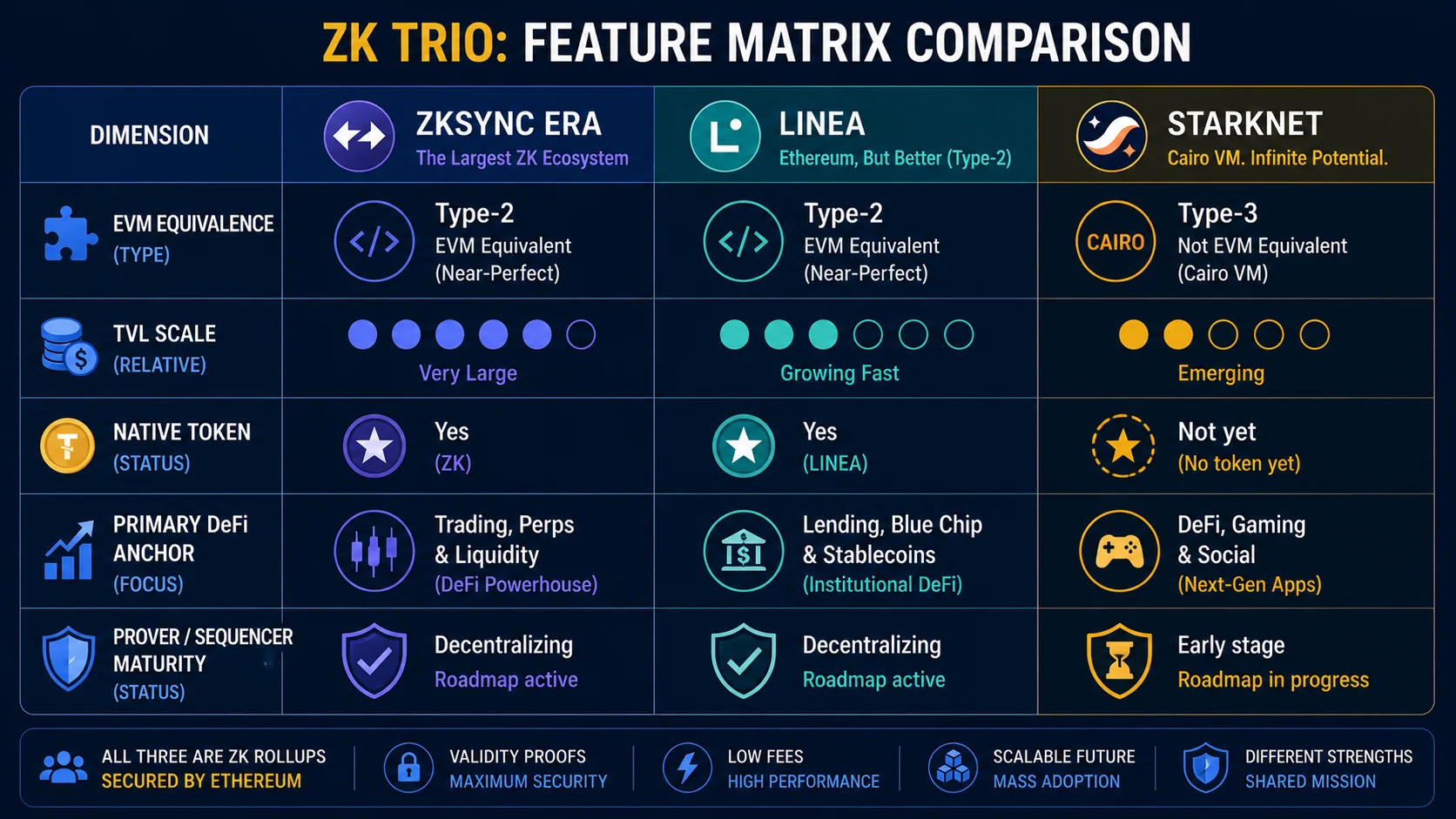 Feature matrix comparing zkSync Era, Linea, Starknet: EVM equivalence, TVL, native token, DeFi anchor, prover maturity