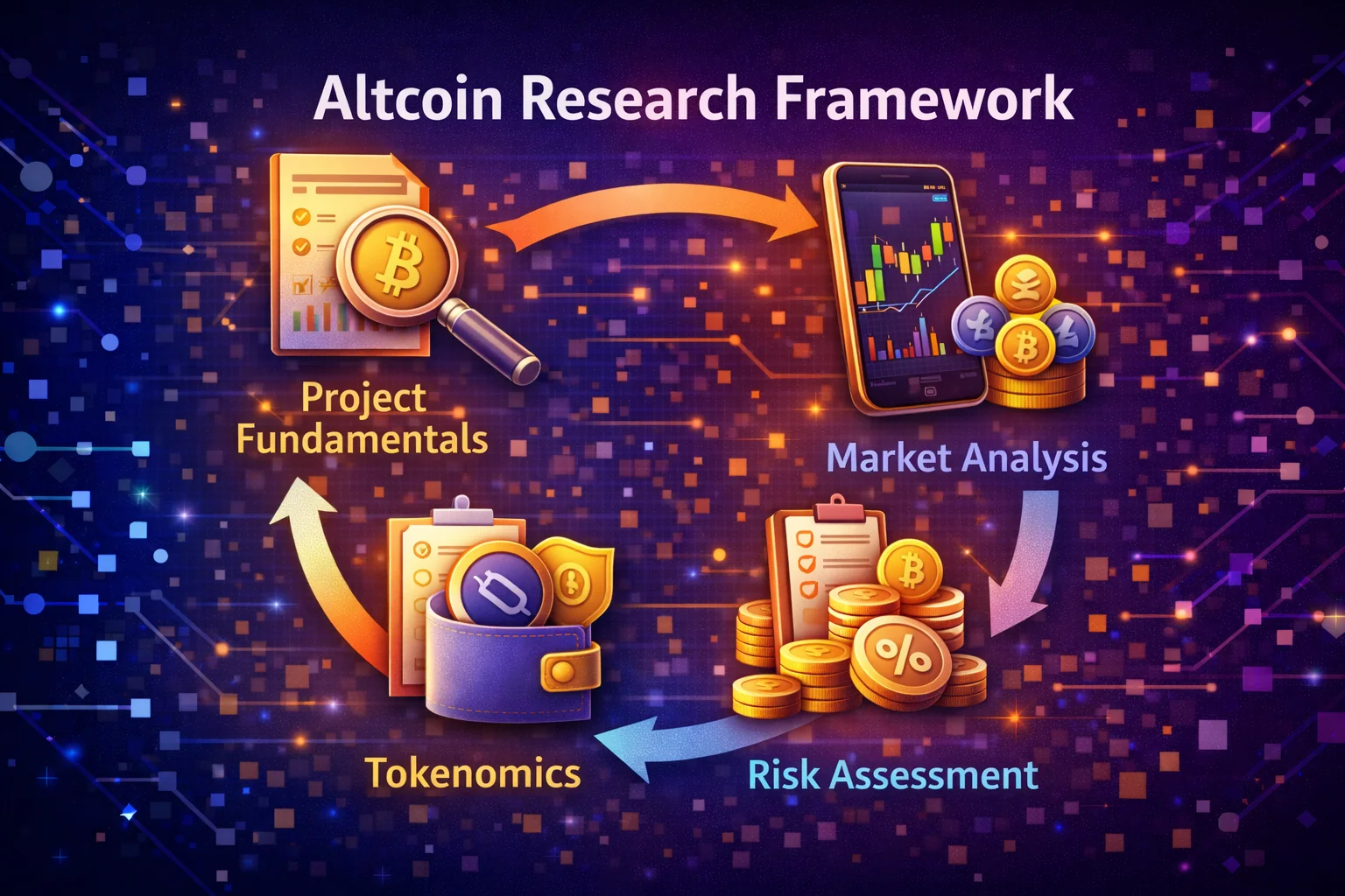 Comprehensive altcoin research framework showing fundamental analysis, technical evaluation, and risk assessment