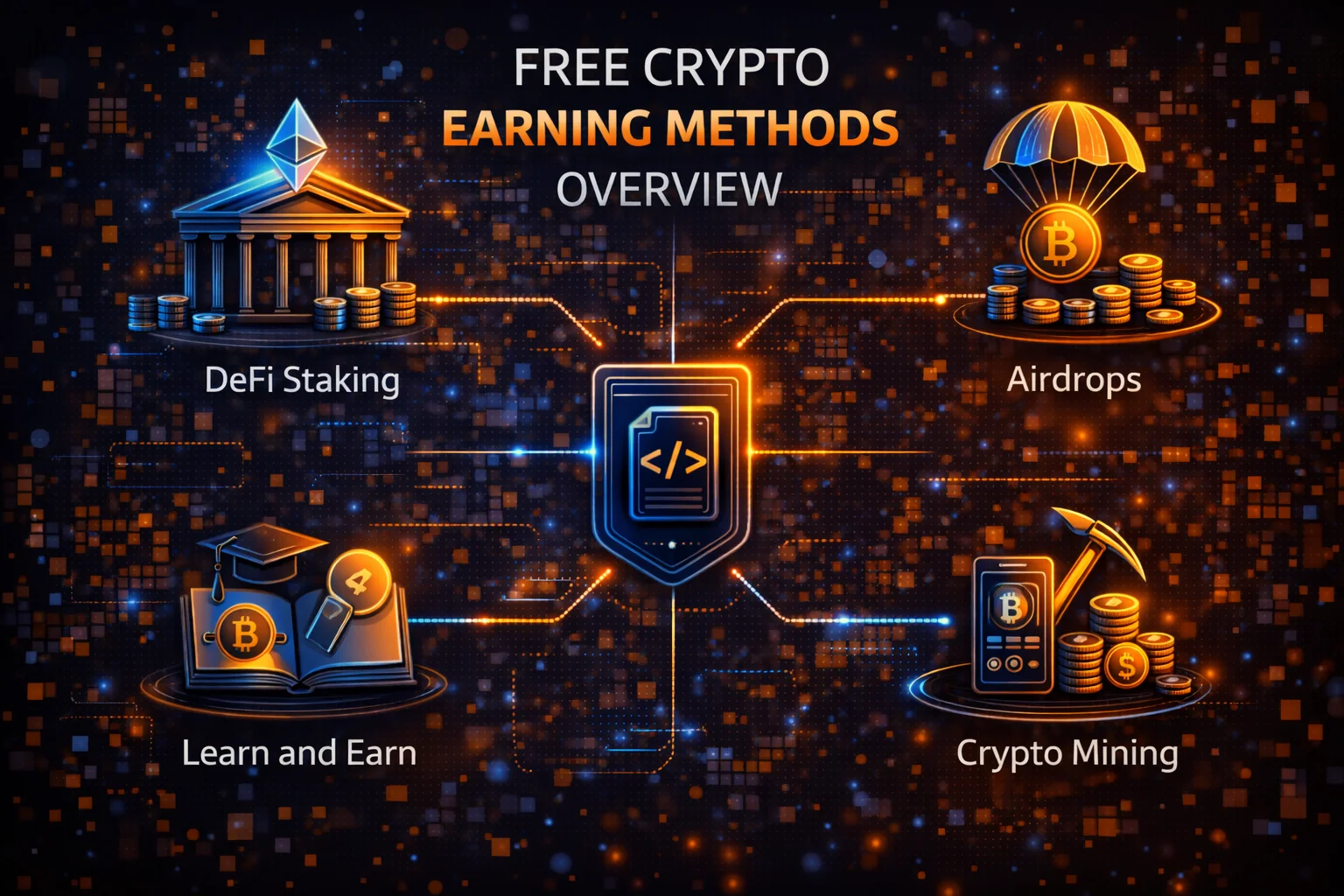 Free cryptocurrency earning methods infographic showing airdrops, learn-to-earn, faucets, and referral programs