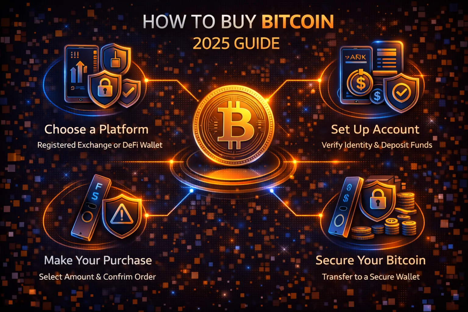 How to buy Bitcoin 2025 step-by-step guide infographic showing exchange selection and security