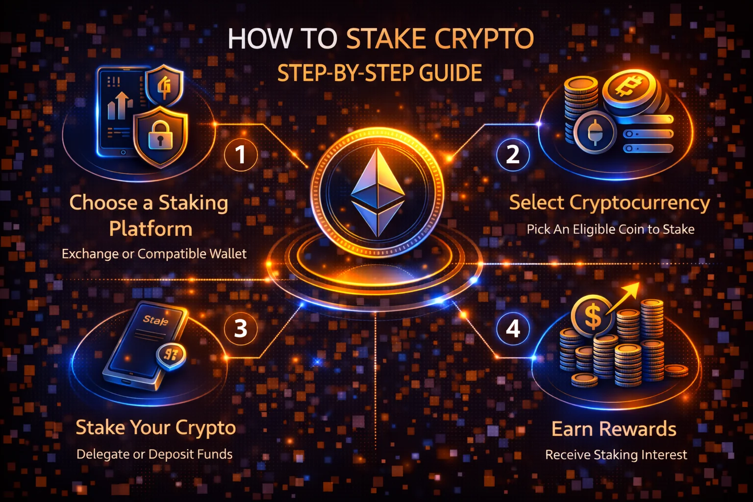 How to stake crypto step by step guide infographic showing staking methods and setup process
