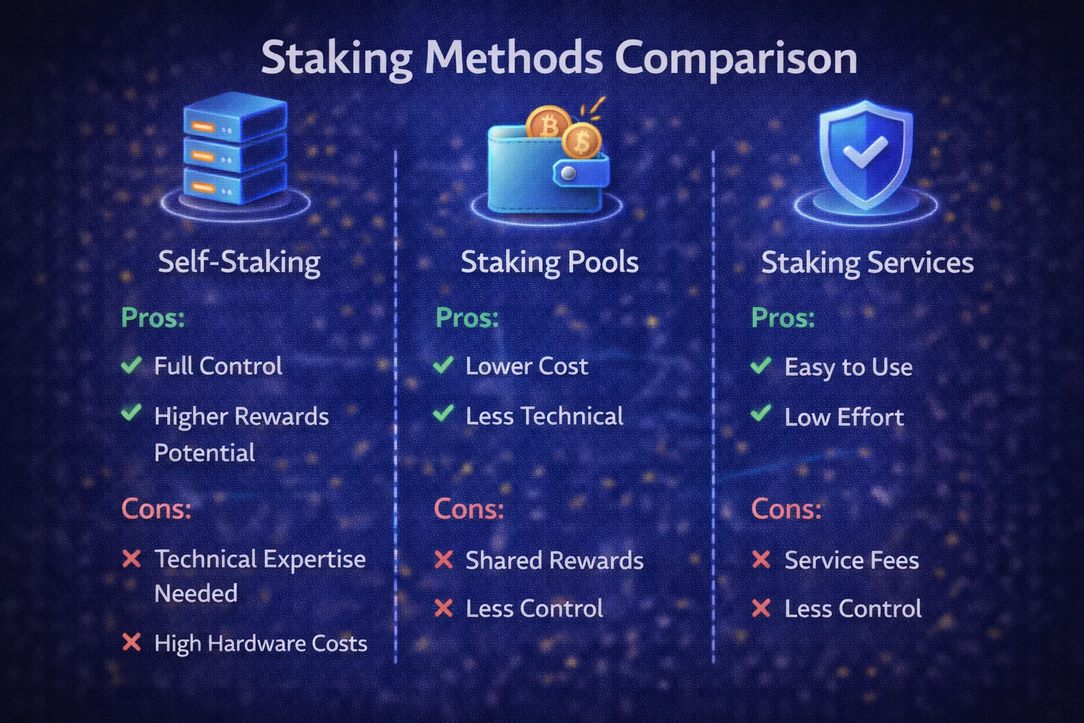 Staking methods comparison infographic showing CEX, liquid staking, and native staking