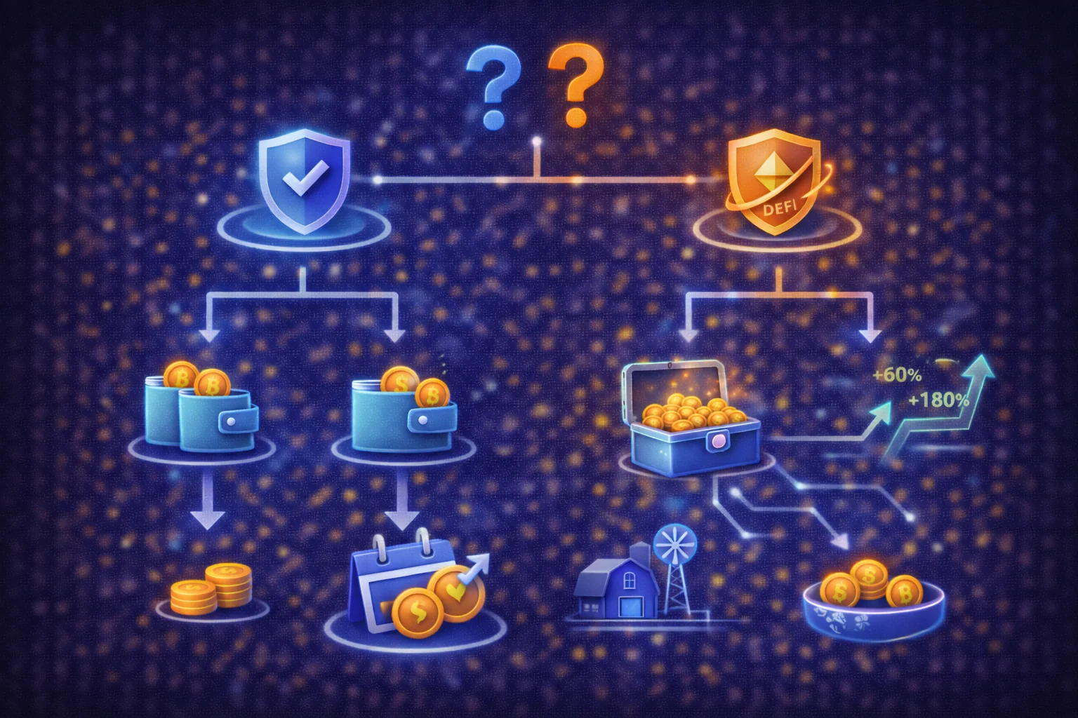 Staking vs yield farming decision tree infographic - step-by-step guide to choosing the right crypto earning strategy
