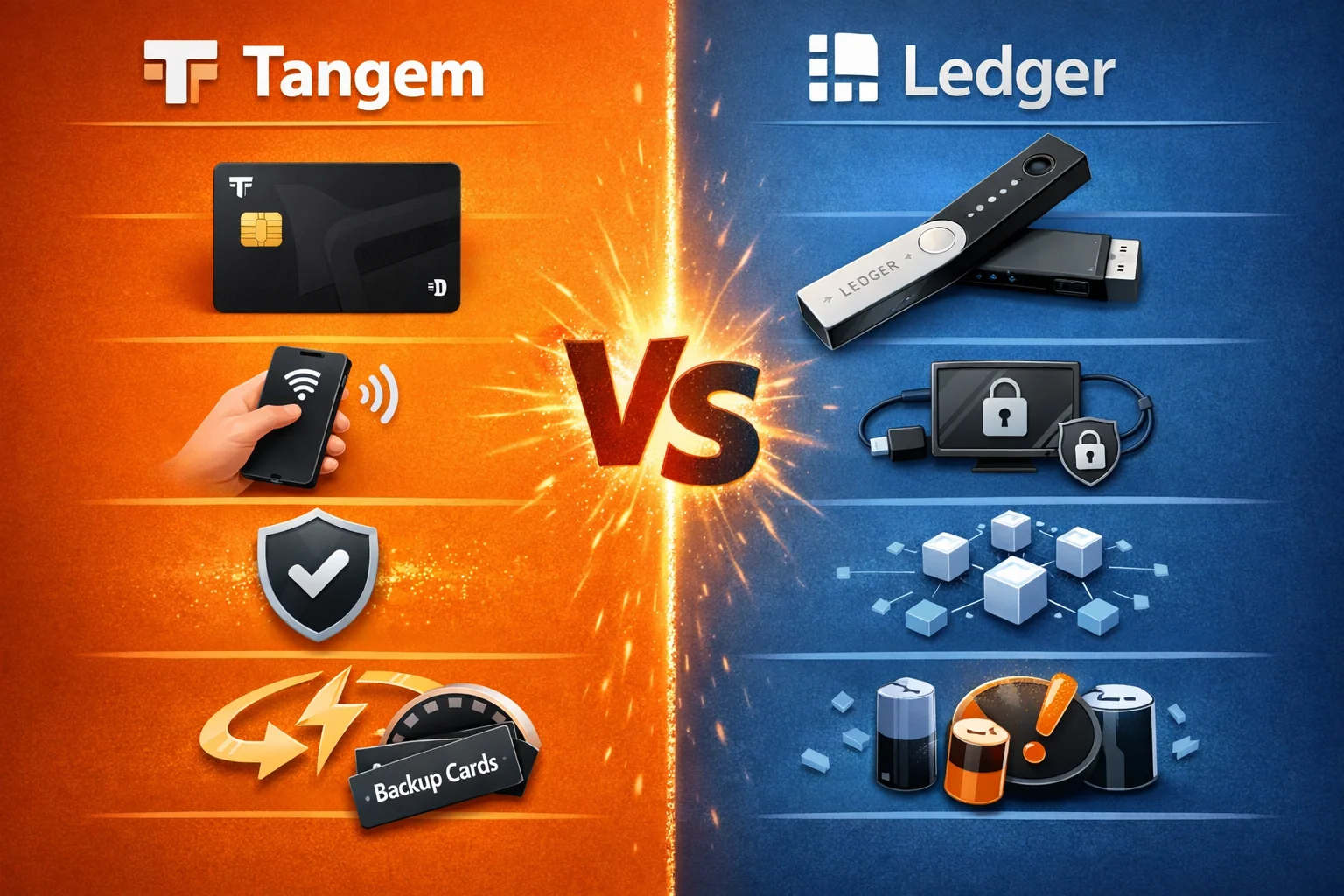 Tangem vs Ledger hardware wallet comparison infographic showing features, security, and usability