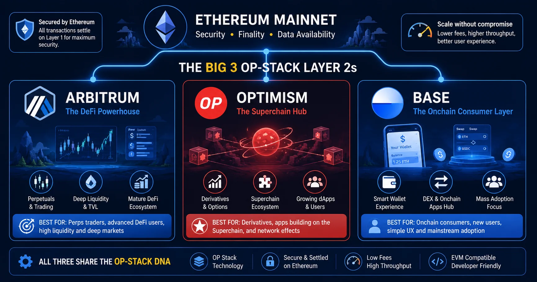 Arbitrum vs Optimism vs Base: Big 3 OP-stack L2s compared on TVL, fees, DeFi and security 2026