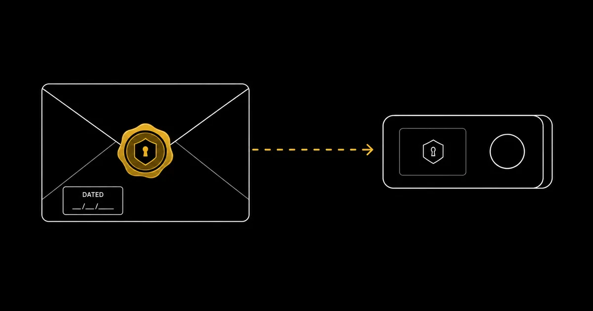 A sealed dated envelope beside a hardware wallet silhouette, joined by a dashed handoff line