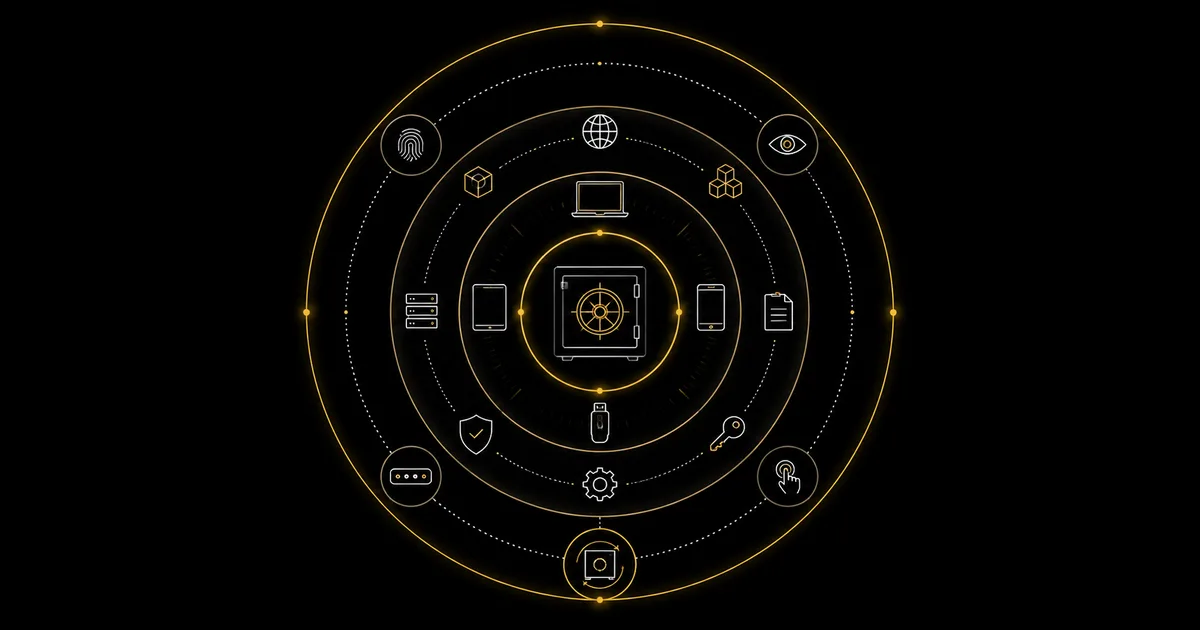 Concentric security rings labelled device, architecture, behaviour and recovery around a vault core