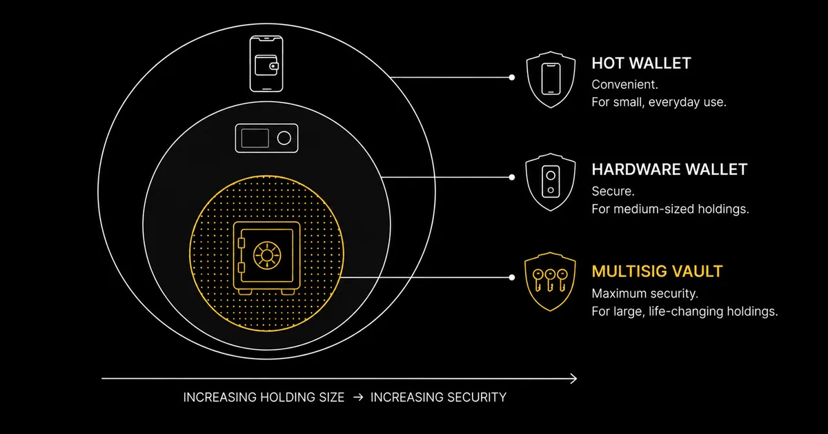 Concentric security rings labelled hot wallet, hardware single-key and multisig scaling outward by holding size