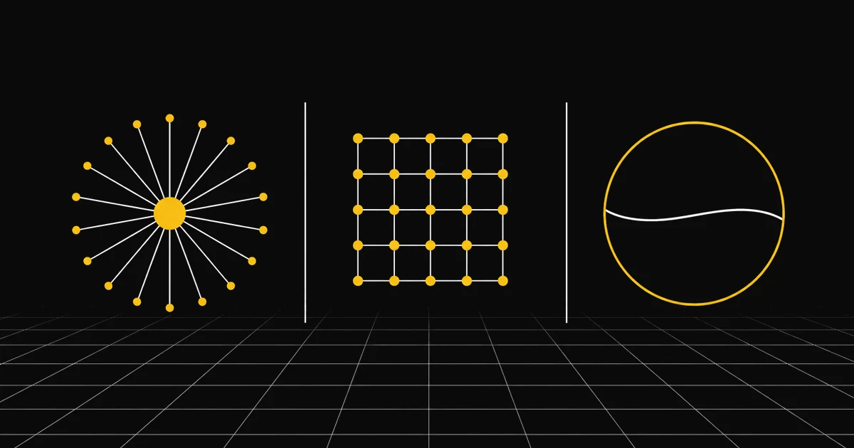 Three abstract market structures side by side: a central hub, an even lattice, and a single curve