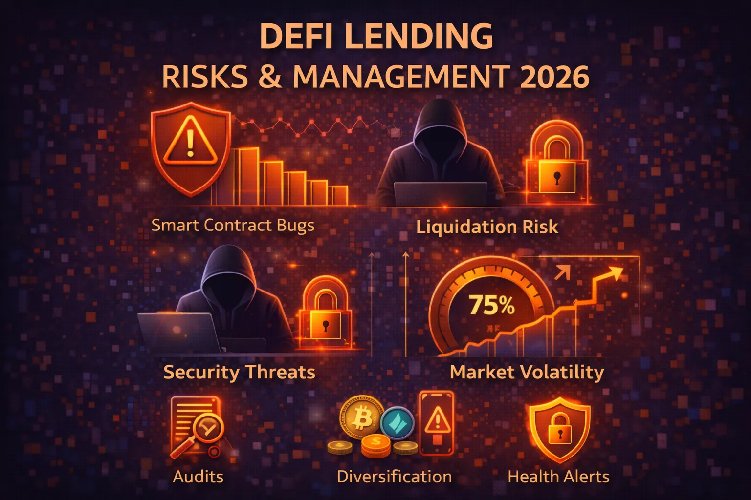 DeFi lending risk management framework showing liquidation, smart contract, and oracle risks