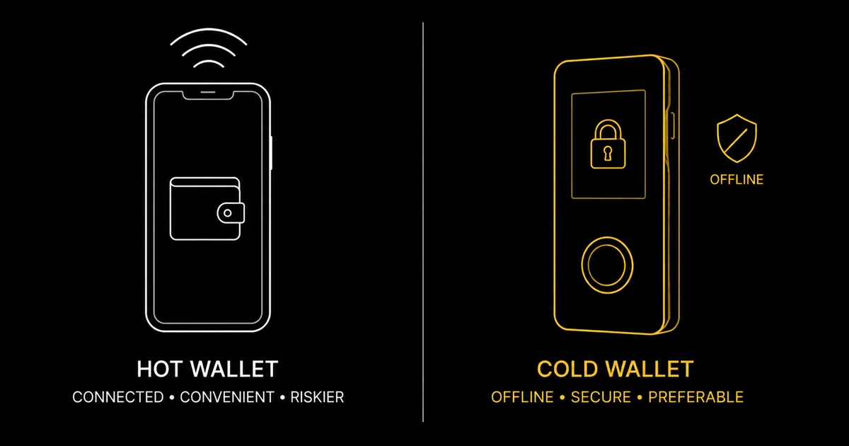 An internet-connected phone wallet beside an offline hardware device, dividing line between hot and cold storage