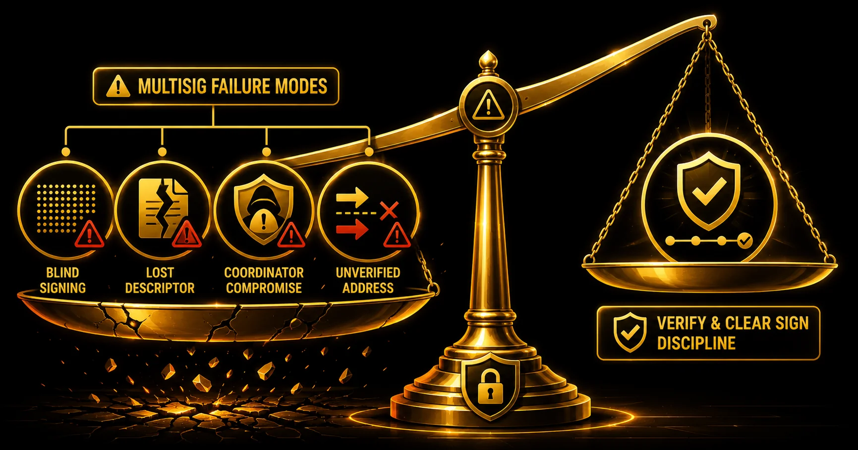 Multisig failure modes: blind signing (Bybit Feb 2025), lost descriptors, coordinator compromise, address-verification gaps.