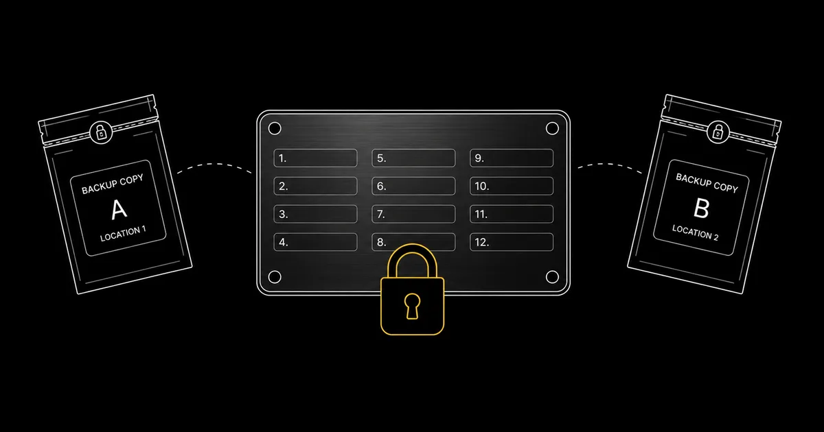 Layered seed-backup regime: an engraved metal plate, two sealed copies in separate locations, and a passphrase lock