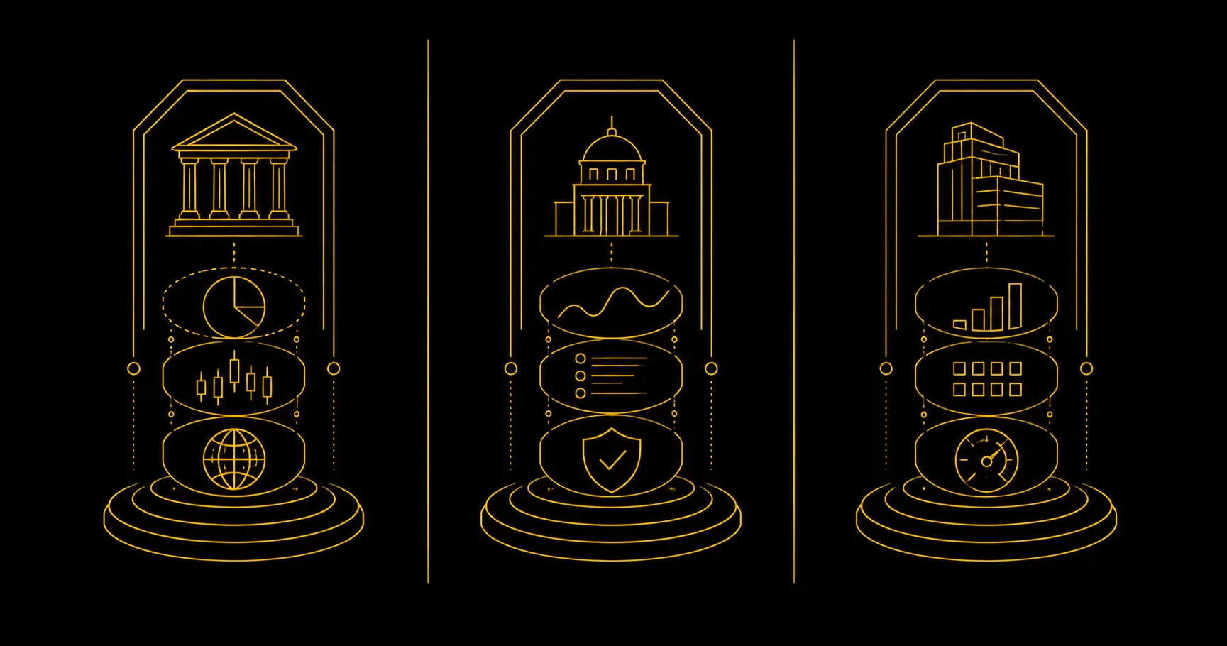 Three abstract tokenised-treasury columns side by side: BUIDL, BENJI, Ondo represented as parallel on-chain product wrappers