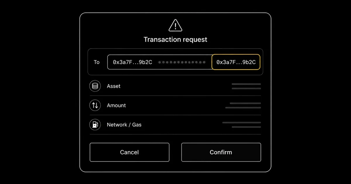 A wallet signing prompt showing a lookalike destination address with matching first and last characters